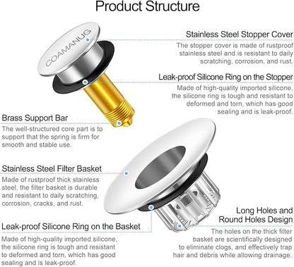 Bathtub Stopper | Shower Drain Hair Catcher, Pop-up Tub Stopper with Strainer | Pop-up bathtub drain plug | Drai Protector for 1-1/2 to 1-3/4" Bath Drain Hole