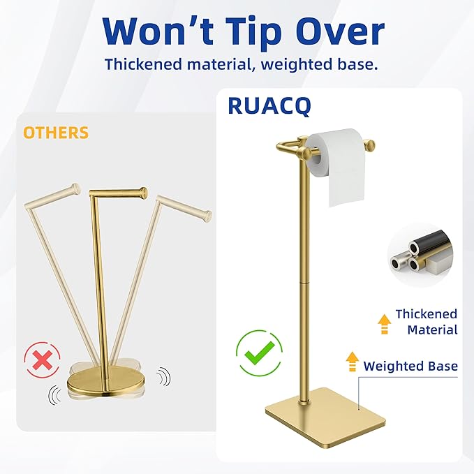 RUACQ Toilet Paper Holder Stand, Bathroom Toilet Paper Roll Holder Free Standing, Toilet Tissue Holder Stand with Post Pivoting Design, Stable Weighted Base, SUS304 Stainless Steel (Brushed Gold)