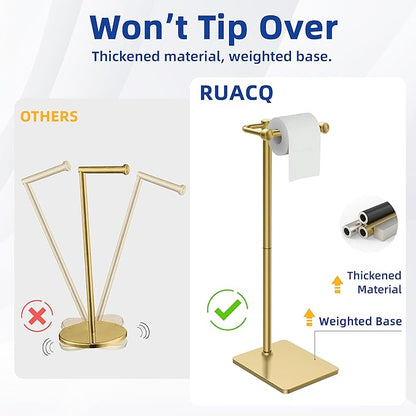 RUACQ Toilet Paper Holder Stand, Bathroom Toilet Paper Roll Holder Free Standing, Toilet Tissue Holder Stand with Post Pivoting Design, Stable Weighted Base, SUS304 Stainless Steel (Brushed Gold)