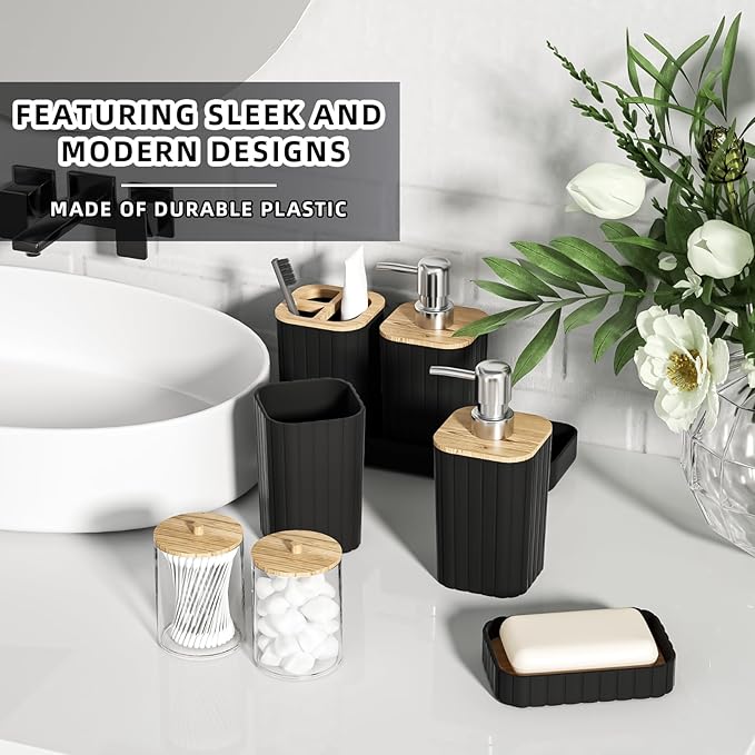 Bathroom Accessories Set - Elegant Black Bathroom Set, 10PC Bathroom Accessory Set, Toilet Brush, Trash Can, Qtip Holder Dispenser & Soap Dispenser