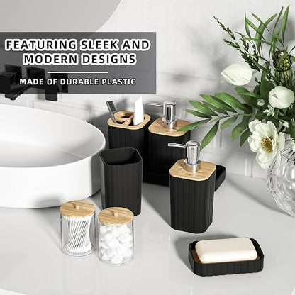 Bathroom Accessories Set - Elegant Black Bathroom Set, 10PC Bathroom Accessory Set, Toilet Brush, Trash Can, Qtip Holder Dispenser & Soap Dispenser