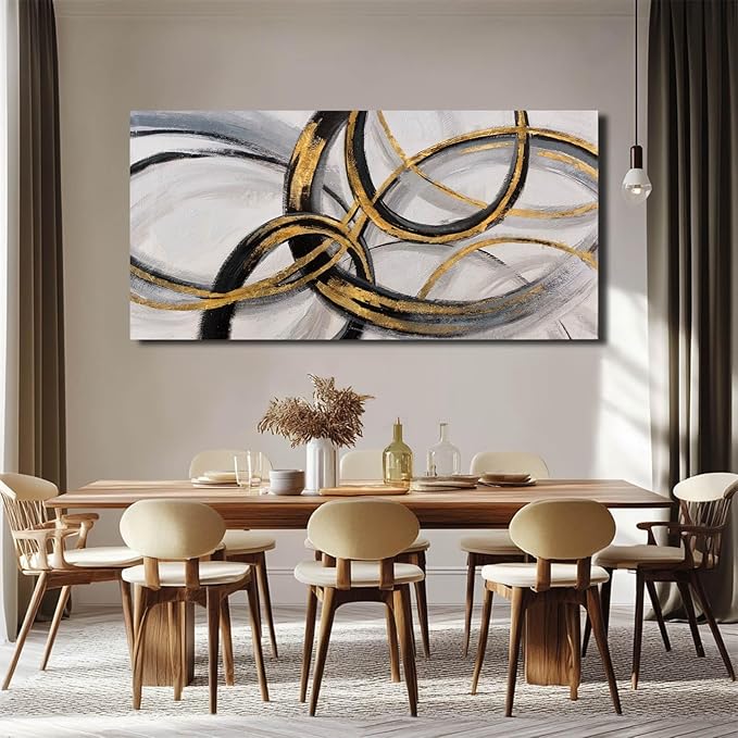 SOUGUAN Living Room Decor for Wall Abstract Wall Art 30x60in Black and Gold Wall Art Round Ring Wall Decoration for Bedroom Dining Room Home Office Ready to Hang