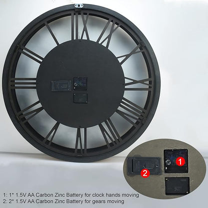 27 inch Large Real Moving Gears Wall Clock with Toughened Glass Cover, Oversized Solid Wood Retro Farmhouse Clock, Giant Decorative Rustic Wall Clock for Living Room Home Kitchen Office (Black)