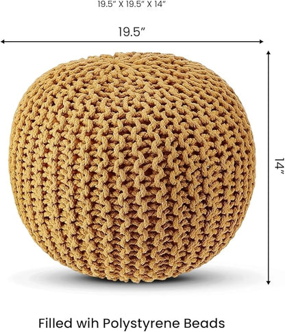 REDEARTH · Round Pouf Ottoman - Hand Knitted Cable Boho Poof Home Décor Pouffe Circular Footrest for Living Room - Bedroom - Lounge - Nursery - 100% Cotton Poufs (19.5"x19.5"x14") - Mustard