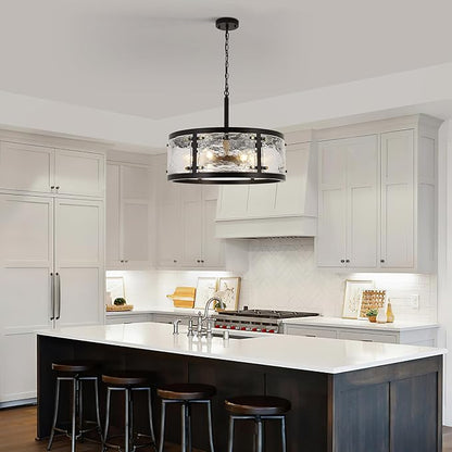23.6" Large Farmhouse Drum Black Chandelier, 6-Light Vintage Round Glass Chandeliers for Dining Room, Industrial Light Fixture for Kitchen Living Room Stairwell, Clear Waterglass Drum Shade