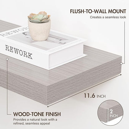 72 Inch Floating Shelves, 12" Deep Floating Shelf Wall Mounted, 72" Wall Shelves, Rustic Deep Bookshelf, Extra Deeper & Thicker Display Shelves for Bedroom, Living Room, Gray, Set of 1