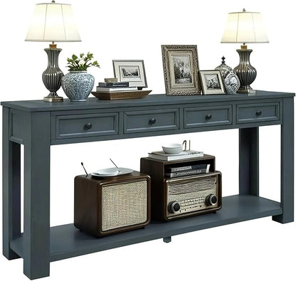 Solid Wood Console Table, Long Sofa Table Entryway Table with 4 Drawers and Bottom Shelf for Hallway Living Room Couch Table,Fully Assembled (63" Navy)