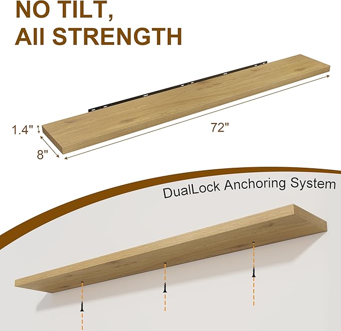 72 Inch Floating Shelves for Wall, 8 Inch Deep Floating Shelf, Large Shelves with Invisible Bracket for Books|Storage, Rustic Wood Wall Shelf for Bedroom, Kitchen, Living Room, Oak