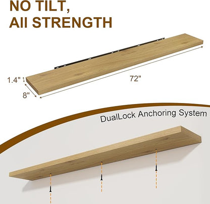 72 Inch Floating Shelves for Wall, 8 Inch Deep Floating Shelf, Large Shelves with Invisible Bracket for Books|Storage, Rustic Wood Wall Shelf for Bedroom, Kitchen, Living Room, Oak