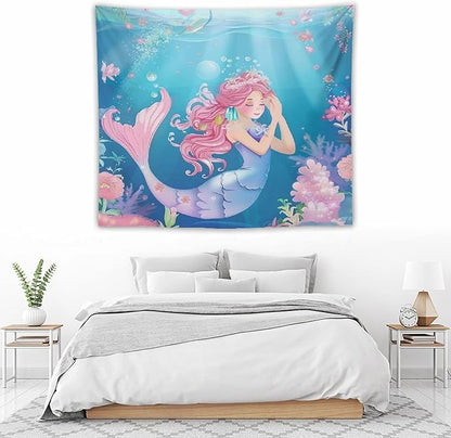 HZOHNAGO Mermaid Girls Tapestry Watercolor Flowers Mermaid Princess Blessing Pattern for Kids Room Decoration Printed Wall Tapestry Wall Hanging for Bedroom Living Room Dorm 60" W x 50" H