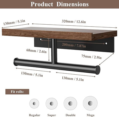 Tindbea Double Toilet Paper Holder with Wood Shelf, Wooden Wall Mount Toilet Paper Roll Holder, Matte Black Stainless Steel Bathroom Toilet Tissue Holder (Walnut)