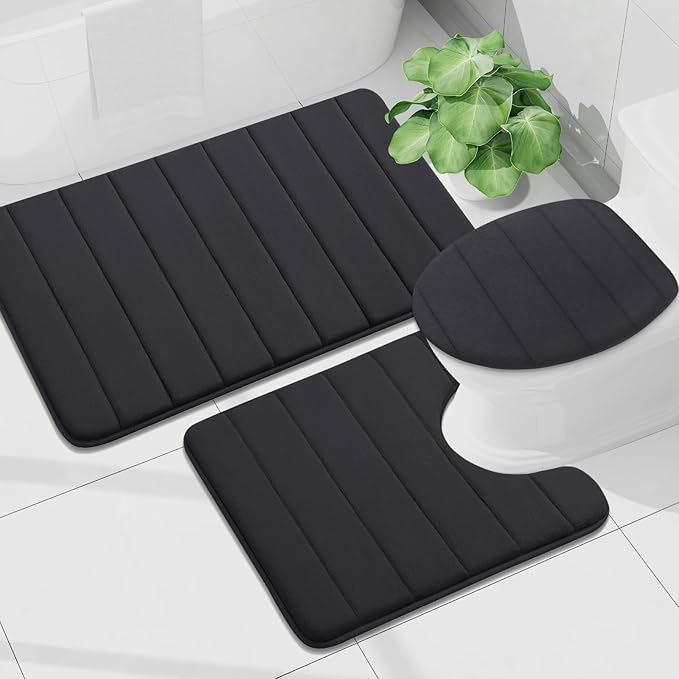 Buganda Memory Foam Bath Mat, 24" x 16", Ultra Soft and Non-Slip Bathroom Rugs, Water Absorbent and Machine Washable Bath Rug for Bathroom, Shower, and Tub, Black