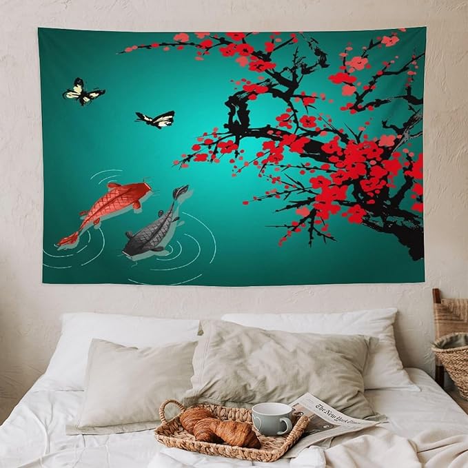 Houselerax Japanese Koi Fish Tapestry, Cherry Blossoms Asian Oriental Green Teal Floral Branch Koi Fish Carp Tapestries Wall Hanging for Bedroom Living Room Office Decor 60"x40"