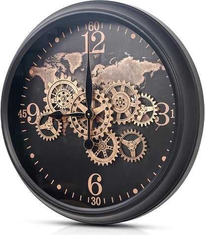 CLXEAST 24 Inch Moving Gear Wall Clock with World Map Pattern,Large Black Gold Metal Wall Clock for Modern Farmhouse Living Room Decor,Reloj De Pared para Sala