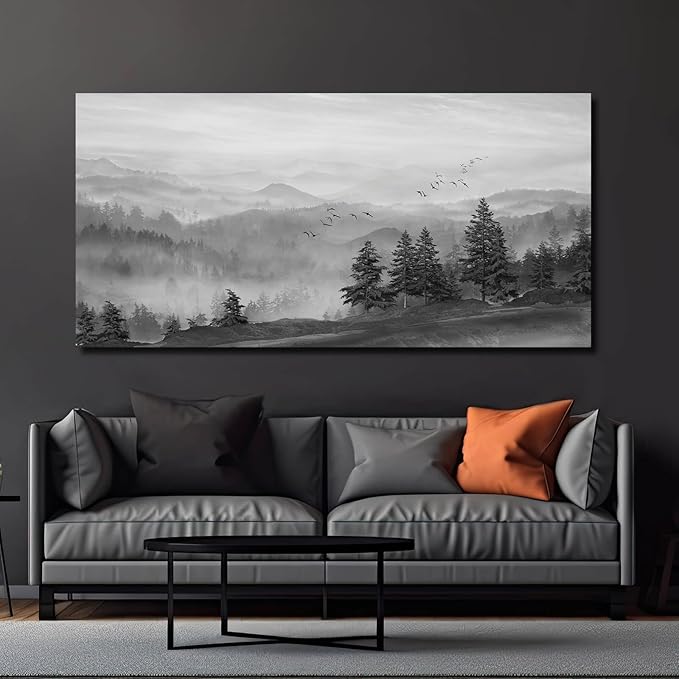 SOUGUAN Grey Pictures Wall Decor Forest Artwork Mountain Canvas Painting Landscape Wall Art Prints for Living Room Bedroom Home Hanging Decor 24x48 Inch