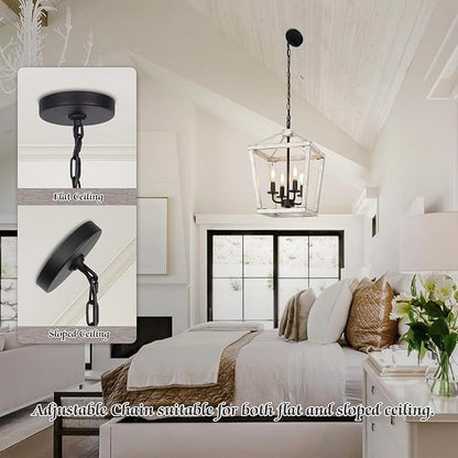 4 Light Rustic Chandelier, Farmhouse Lantern Fixture with Brushed White Oak Cage and Adjustable Chain, E12 Base Geometric Hanging Light Fixture Ceiling lighting for Entryway Kitchen Island, Indoor Use