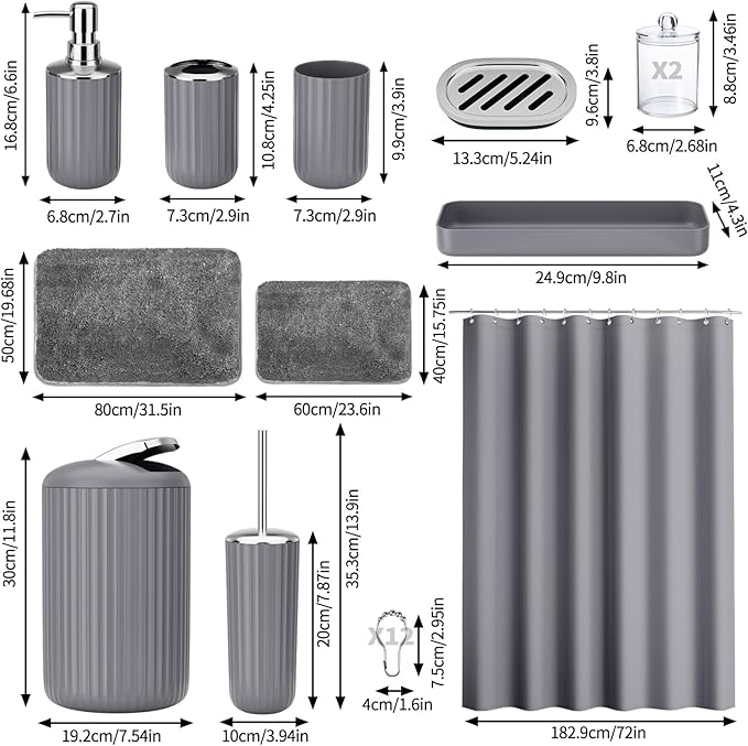 24 PCS Gray Bathroom Accessories Set with Shower Curtain and Rugs, Bathroom Sets with Extra Soft and Absorbent Bath Rugs Shower Curtain Bathroom Accessory for Bath