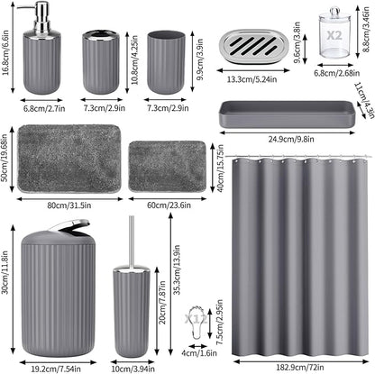 24 PCS Gray Bathroom Accessories Set with Shower Curtain and Rugs, Bathroom Sets with Extra Soft and Absorbent Bath Rugs Shower Curtain Bathroom Accessory for Bath