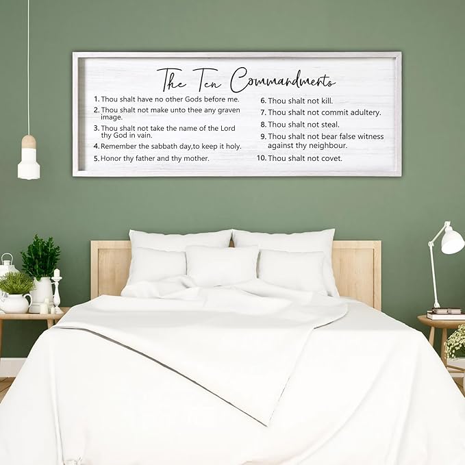 The Ten Commandments Rustic Bible Verse Framed Wall Art, 40''×15'' Positive Religious Christian Saying Sign for God Jesus Christ Prayer, Vintage Horizontal Holy Inspirational Catholic Scripture Decor
