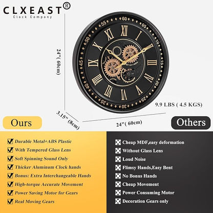CLXEAST 24 Inch Wall Clock with Moving Gears, Black Gold Roman Numeral Wall Clocks for Modern Farmhouse Living Room Decor,House Warming Gifts New Home