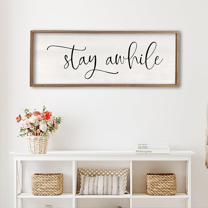Stay Awhile Sign Wall Decor 32"X12" Large Living Room Entryway Wood Framed Rustic Wall Decor for Vintage Farmhouse Foyer Hanging Lets Stay Home Wall Art (Wood)