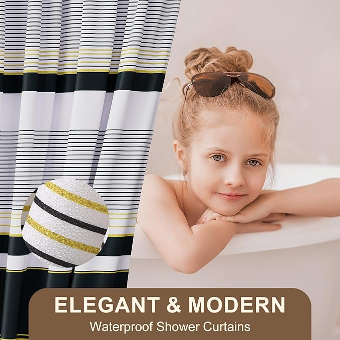 24PCS Bathroom Sets with Shower Curtain and Rugs,Black Bathroom Accessories Set Waterproof White and Gold Shower Curtain Set,Black and White Bathroom Accessories