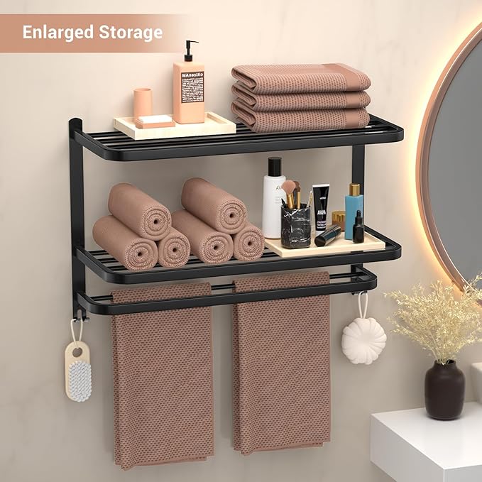 DDS-DUDES 3-Tier Black Towel Racks for Bathroom with Towel Bars Multilayer Hotel Towel Shelf Stainless Steel Wall-Mounted Matte Finished Holder with Towel Shelves 23 Inches