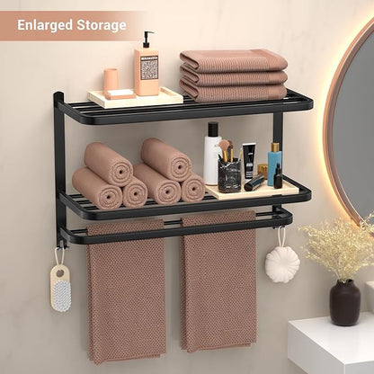 DDS-DUDES 3-Tier Black Towel Racks for Bathroom with Towel Bars Multilayer Hotel Towel Shelf Stainless Steel Wall-Mounted Matte Finished Holder with Towel Shelves 23 Inches