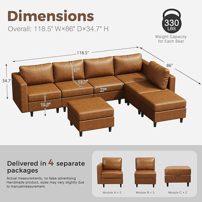 118.5" Faux Leather Modular Sectional Sofa, L Shaped Couch Set for Living Room, 7-Seater Comfy Cloud Couches with Storage Seat Brown