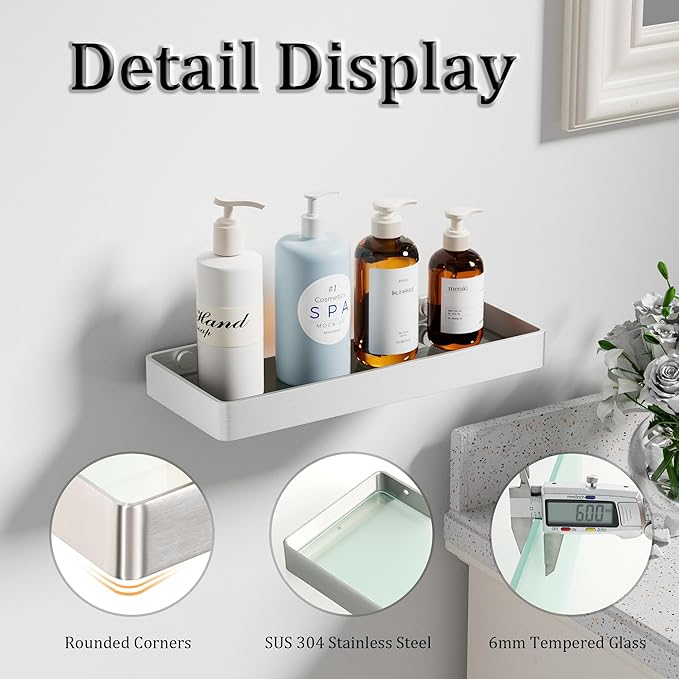 Alise Glass Bathroom Shelf, Brushed Nickel 11.8 Inch Rectangular Floating Shelves for Bathroom, Showers, Vanities, Kitchens,SUS304 Stainless Steel Glass Shelf for Toilet Room Decoration