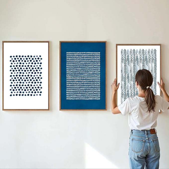 Tinonedraw Navy Blue and White Framed Canvas Wall Art Set, Minimalist Geometric Wall Decor, Neutral Abstract Artwork, Cozy Contemporary Art Prints for Bedroom Living Room Office Above Bed 24"x36"x3
