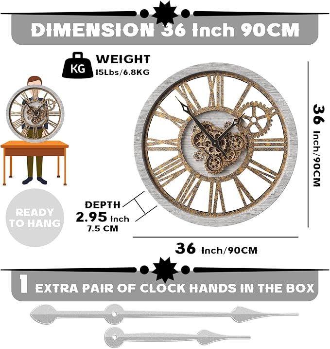 The B-Style Large Wall Clock 24 inch Moving Gear Wall Clock Oversized Vintage Farmhouse Wall Clocks for Living Room Decor Rustic Industrial Wood Clock (Silver Gray, 36 inch/90cm)