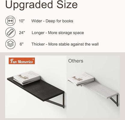 Deep Black Floating Shelves for Wall, 24"W x 10"D Wall Shelves Set of 2, 10 Inch Deep Floating Shelf with Brackets, Wide Display & Storage Shelves for Books, Living Room, Kitchen, Bathroom