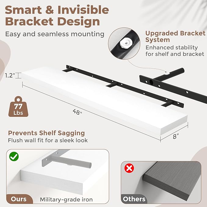 48 Inch Floating Shelves for Wall Set of 2, 8"D Wood Grain Bathroom Shelves with Invisible Brackets, Easy Install Engineered Wood Storage Shelves for Kitchen, Living Room, Bedroom, White Finish