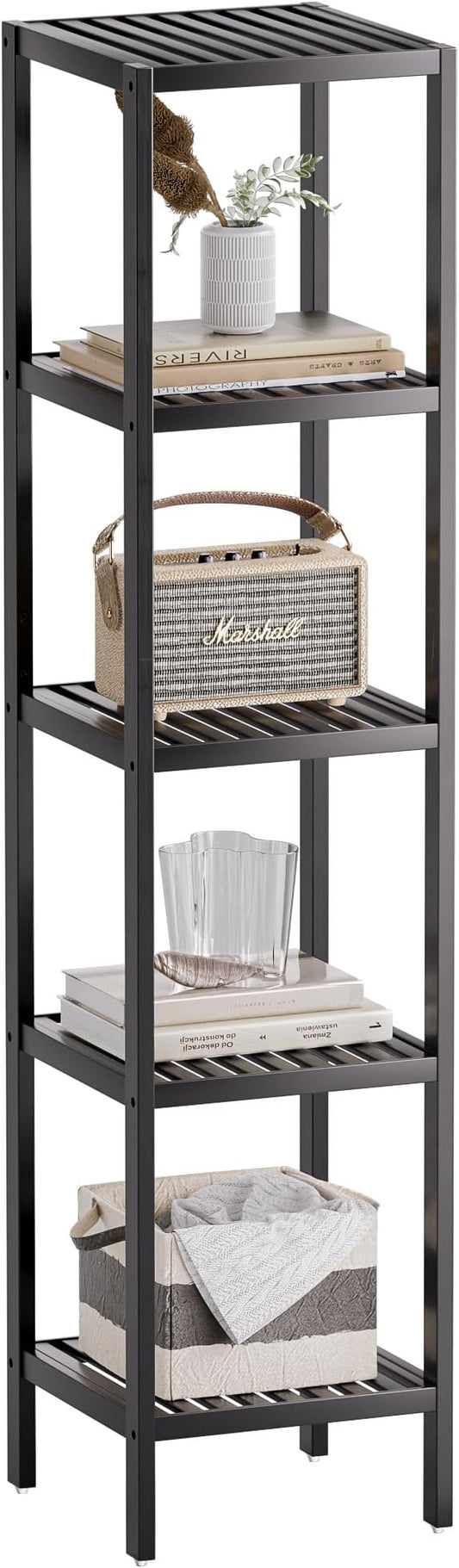 SMIBUY Bathroom Storage Shelf, 5-Tier Bamboo Rack Organizer, Multifunctional Shelving Unit for Living Room Bedroom Kitchen (Black)