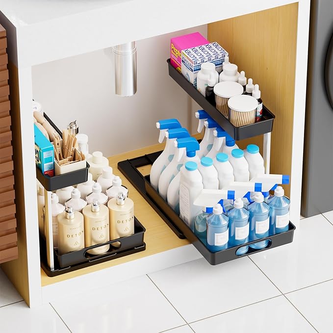Yieach 2 Pack Under Kitchen Cabinet Storage,14.5 Inch Deep Black Under Sink Storage Rack for Apartments and Small Space,Two Tier Undersink Pull Out Organizer Drawers & Bathroom Cabinet Organization