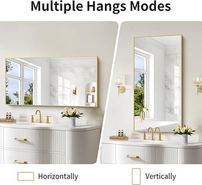 48x24In Gold Bathroom Mirror for Wall, Brushed Gold Rectangle Mirrors with Metal Frame, Bathroom Rectangular Mirror Modern Wall Mirror for Bedroom Living Room, Hangs Horizontal or Vertical
