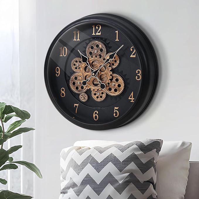 Maxstar Large Moving Gear Wall Clock,16" Vintage Mechanical Battery Operated Industrial Wall Clocks for Farmhouse Living Room,Home Office, Dinning Room, Kitchen, Steampunk Decor-Black,Arab Numeral