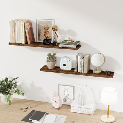 36Inch Floating Shelves for Wall 2 Pack Wood Shelves for Kitchen, Bathroom, Bedroom Wall Mounted Rustic Wood Floating Shelf with Invisible Brackets for Books, Storage, Decor, Rustic Brown