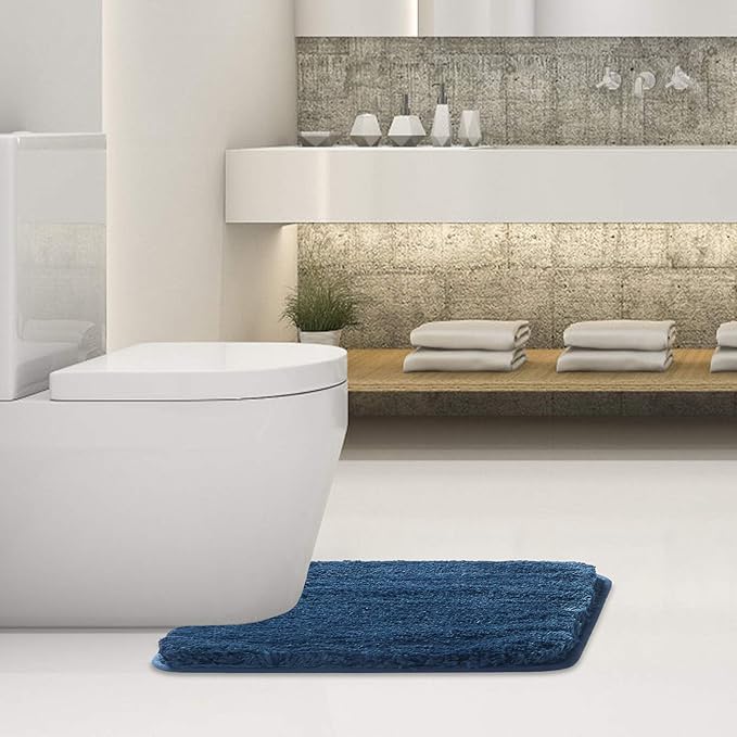 Suchtale Non Slip Bath Mat - Soft Microfiber Shaggy Bath Mat, Machine Washable, Thick Plush U Shape Toilet Rug (20 x 24, Navy)