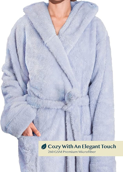 PAVILIA Women Hooded Plush Soft Robe | Fluffy Warm Fleece Sherpa Shaggy Bathrobe
