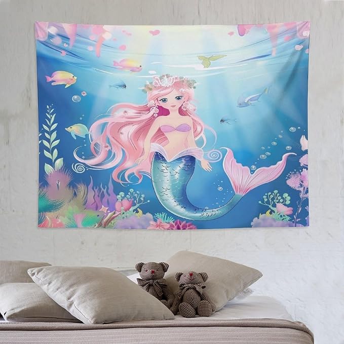 HZOHNAGO Mermaid Girls Tapestry Watercolor Mermaid Princess Pattern Printed Wall Tapestry Wall Hanging for Bedroom Living Room Dorm 80" W x 60" H