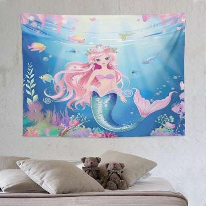 HZOHNAGO Mermaid Girls Tapestry Watercolor Mermaid Princess Pattern Printed Wall Tapestry Wall Hanging for Bedroom Living Room Dorm 80" W x 60" H
