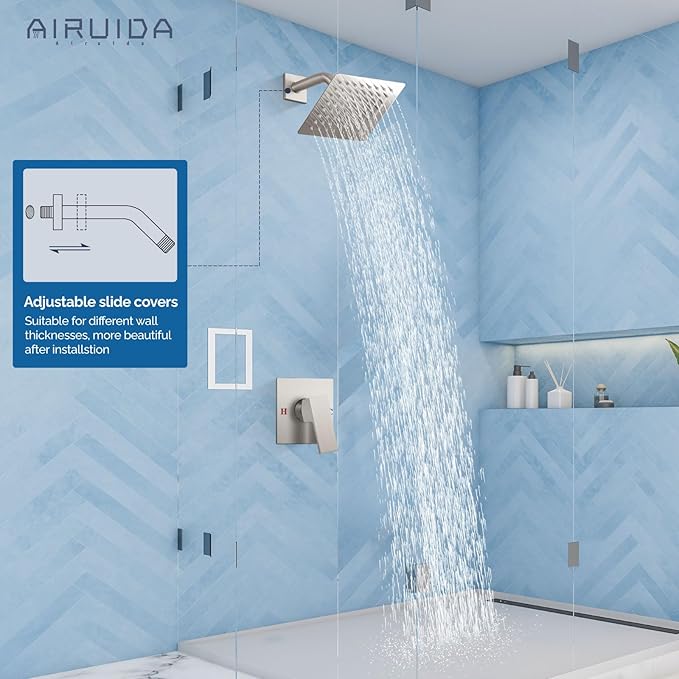 Airuida Shower Faucet Set Bathroom Rain Shower System SUS304 Stainless Steel Single Handle With Male Threads Rough-in Valve Shower Trim Kit 6 Inch Wall Mount Shower Head Brushed Nickel