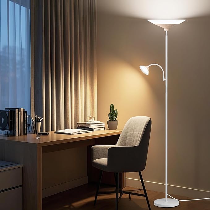 Torchiere Floor Lamp with Wood Grain Shade, 72" Dimmable LED Standing Lamp with Remote, 2-in-1 Floor Reading Lamp with Color Changing, 34W White Corner Lamp for Living Room Bedroom Office
