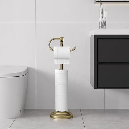 RUMOSE Toilet Paper Holder Stand for Floor,Antique Brass Adjustable (12.4" to 22.8") Bathroom Toilet Tissue Holder, Free Standing Paper Roll Holder with Storage, Stainless Steel
