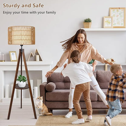 Boho Tripod Floor Lamp with Shelves, Mid Century Wood Standing Lamp with Rattan & Fabric Shades, ON/Off Foot Switch, Modern Farmhouse Tall Floor Lamps for Living Room Bedroom Office