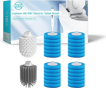 24 Wand Refills and Replaceable Brush Heads Kit for Leebein HK-047 Electric Toilet Brush, Hard Nylon Brush Head and TPU Silicone Brush Head, 24PCS Sponge Pad with Cleaner, Machine Not Included