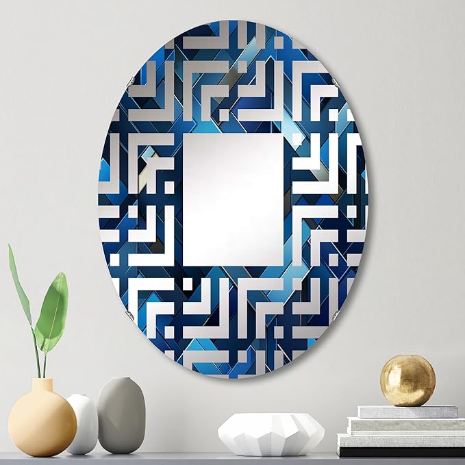 Symmetric Cubes in Deep Cobalt Blue - Geometric Maze - 20x30 Inches - Oval Decorative Wall Mirror for Bathroom, Bedroom, Entryway, Living Room, Vanity Room and Modern Décor