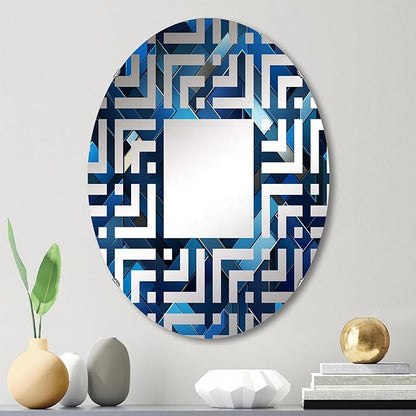 Symmetric Cubes in Deep Cobalt Blue - Geometric Maze - 24x36 Inches - Oval Decorative Wall Mirror for Bathroom, Bedroom, Entryway, Living Room, Vanity Room and Modern Décor